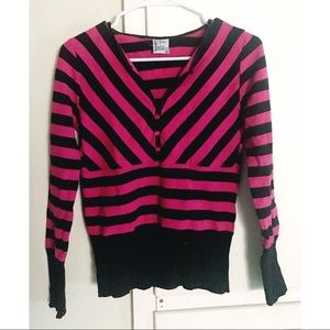 Hot pink and black v neck striped sweater